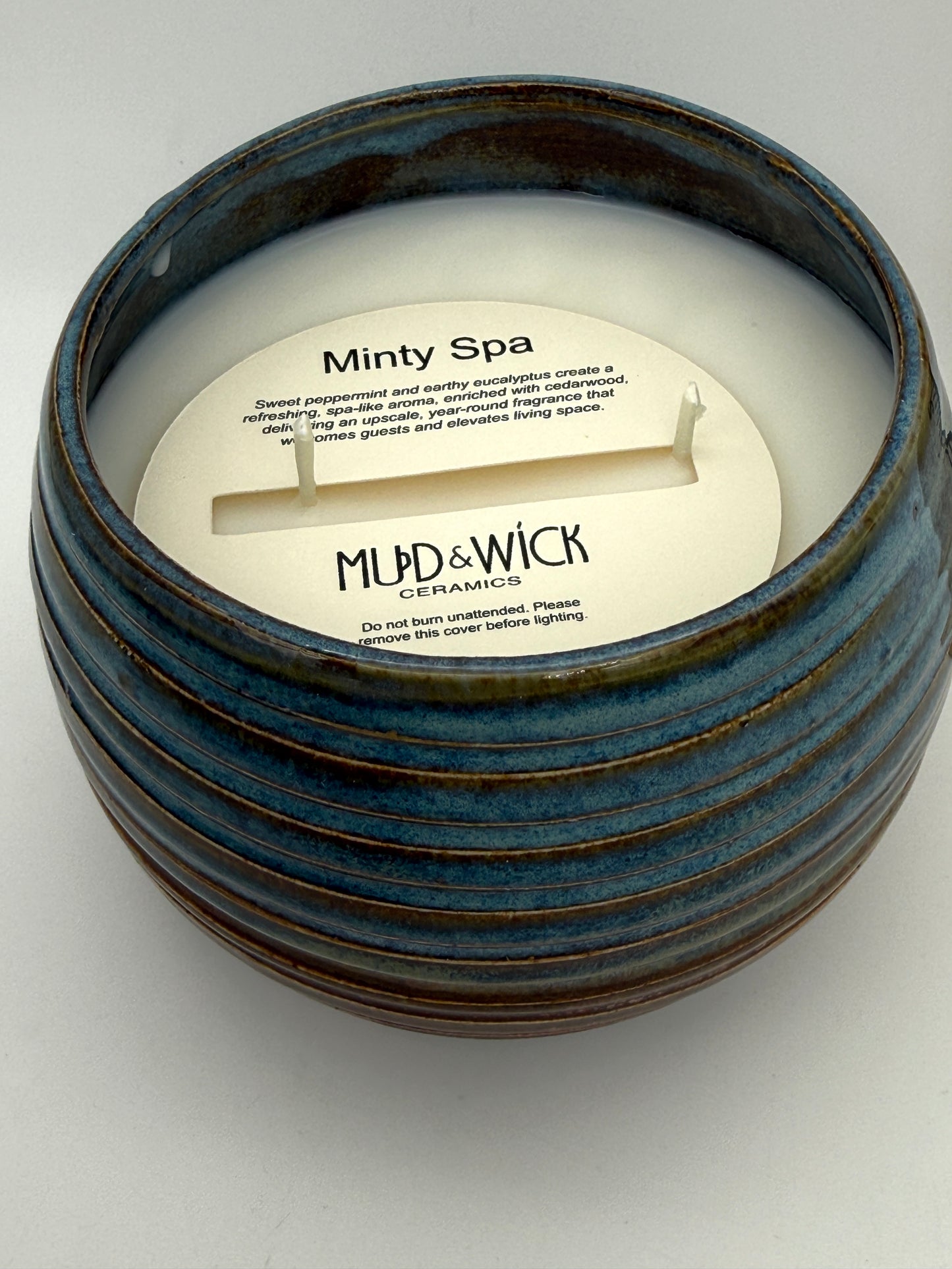 Handcrafted Ceramic Candle | Double Wick Blue & Copper Layered Ridges Oblong
