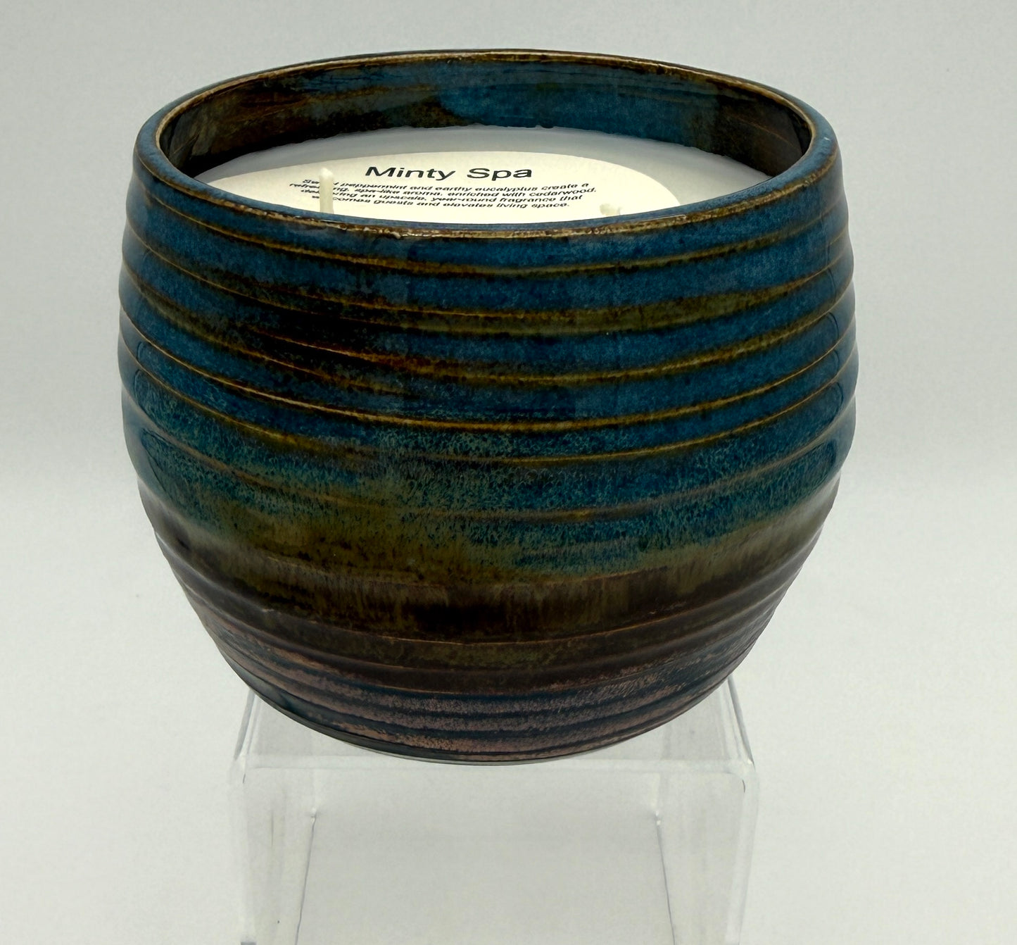 Handcrafted Ceramic Candle | Blue & Copper Layered Ridges
