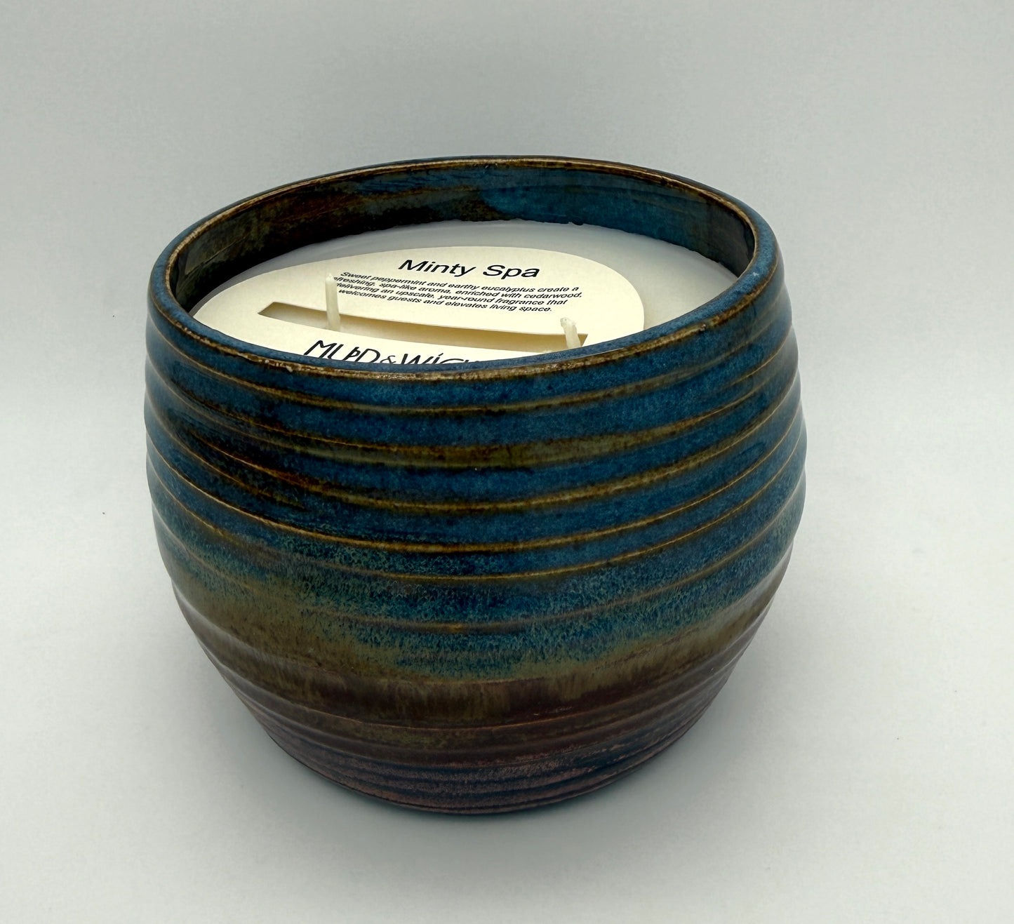 Handcrafted Ceramic Candle | Blue & Copper Layered Ridges