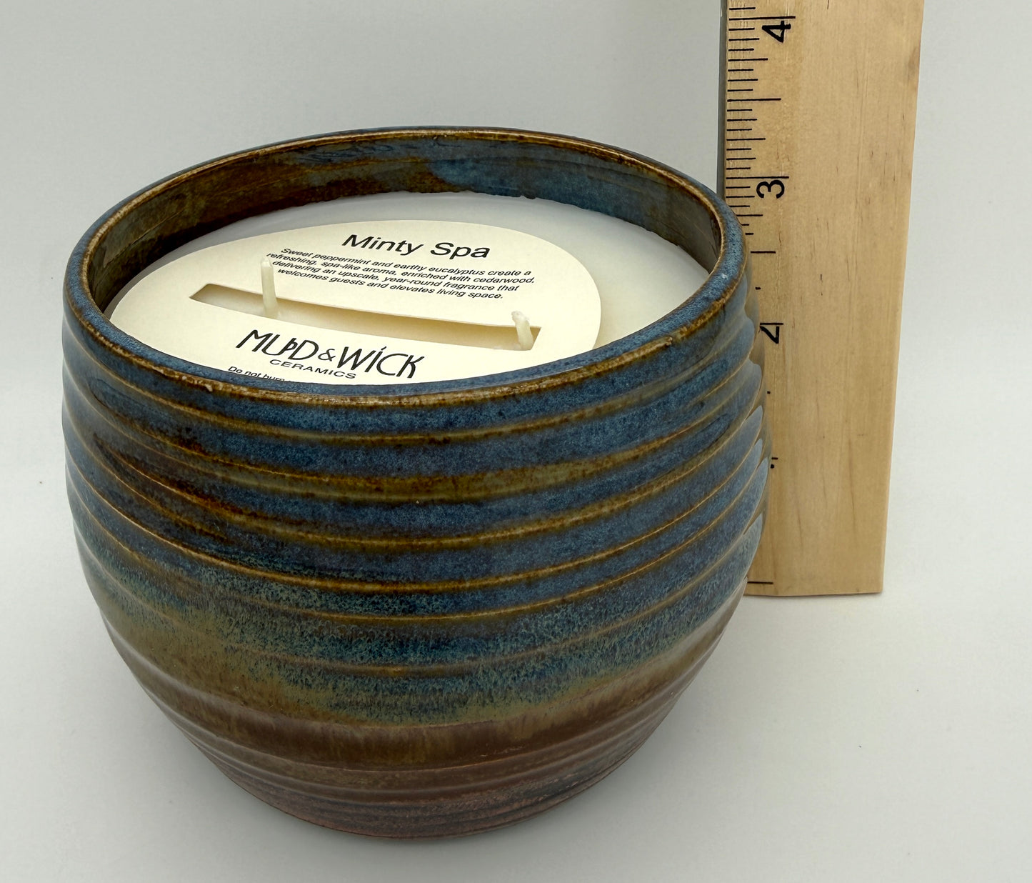 Handcrafted Ceramic Candle | Blue & Copper Layered Ridges