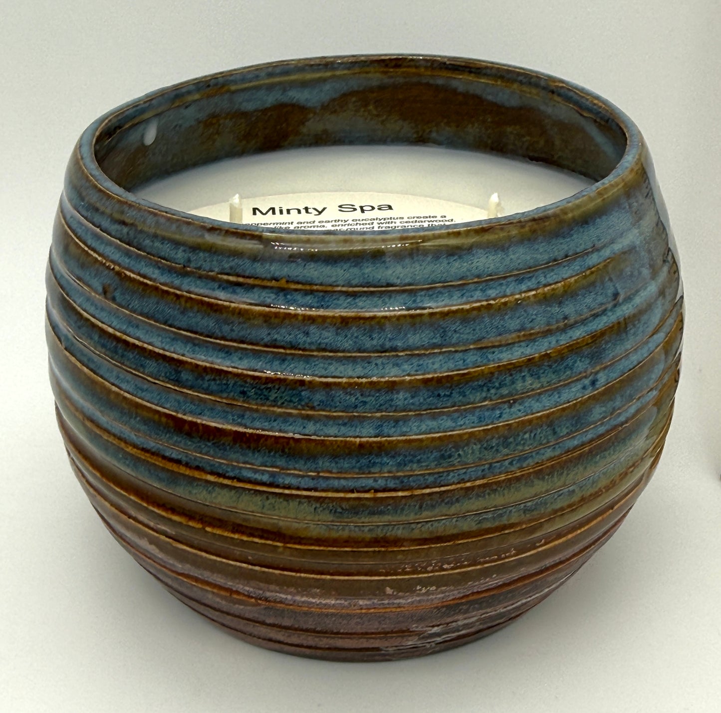 Handcrafted Ceramic Candle | Double Wick Blue & Copper Layered Ridges Oblong