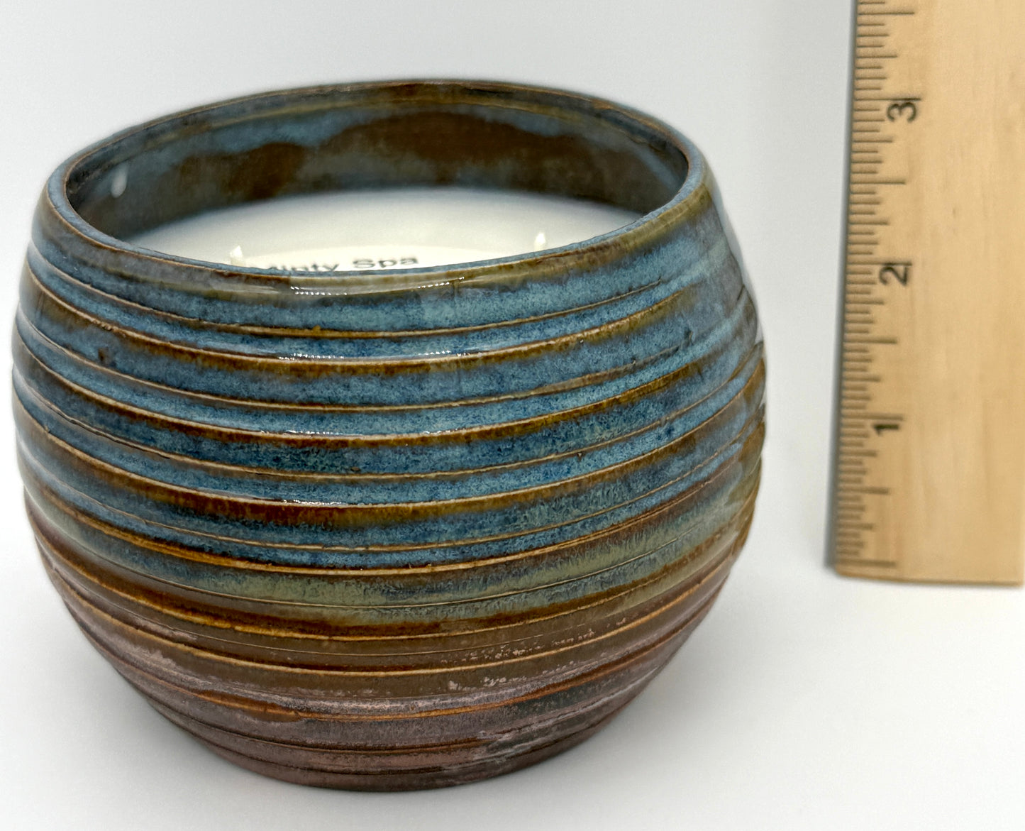 Handcrafted Ceramic Candle | Double Wick Blue & Copper Layered Ridges Oblong