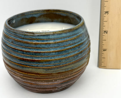 Handcrafted Ceramic Candle | Double Wick Blue & Copper Layered Ridges Oblong