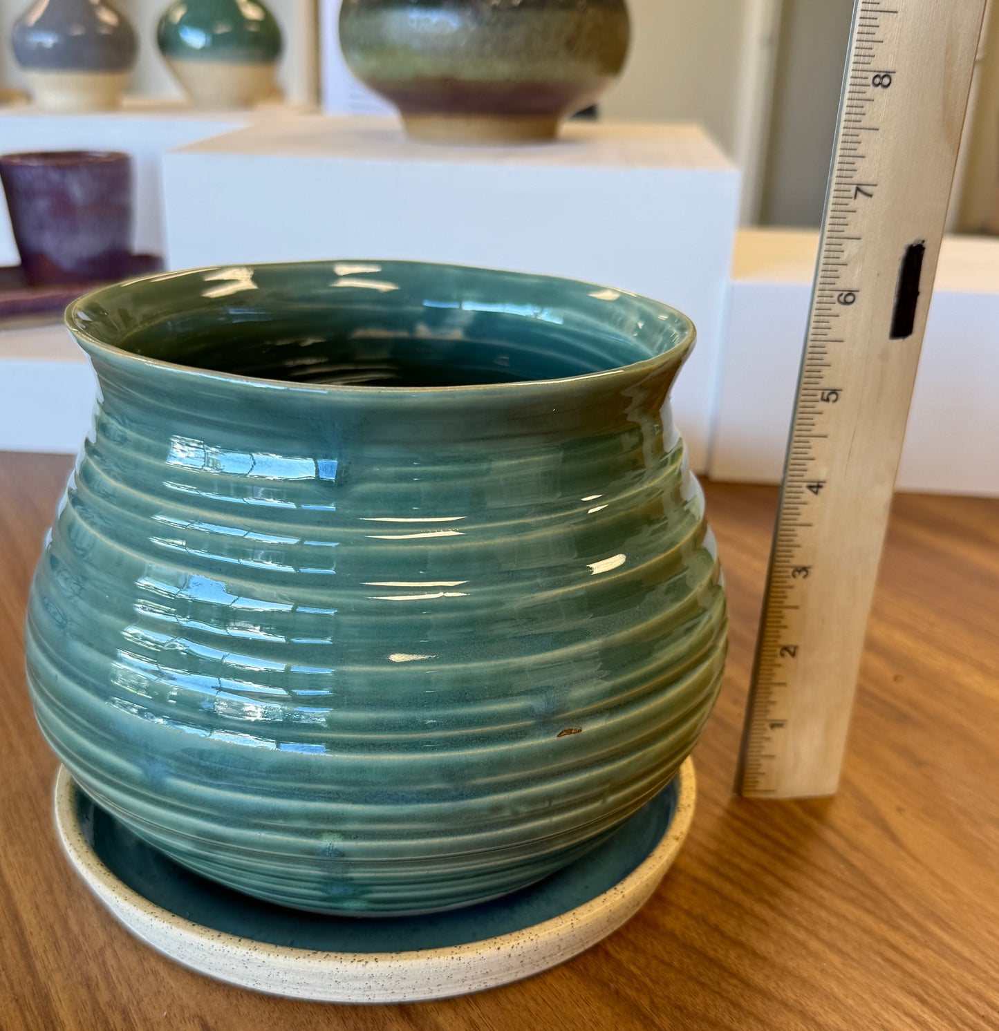Large Ceramic Planter with Drip Tray - Seafoam
