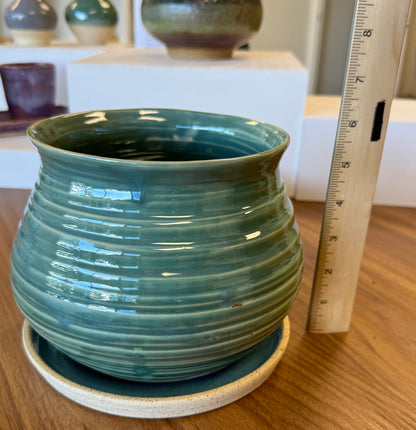 Large Ceramic Planter with Drip Tray - Seafoam