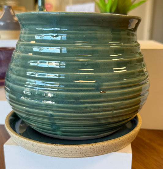 Large Ceramic Planter with Drip Tray - Seafoam