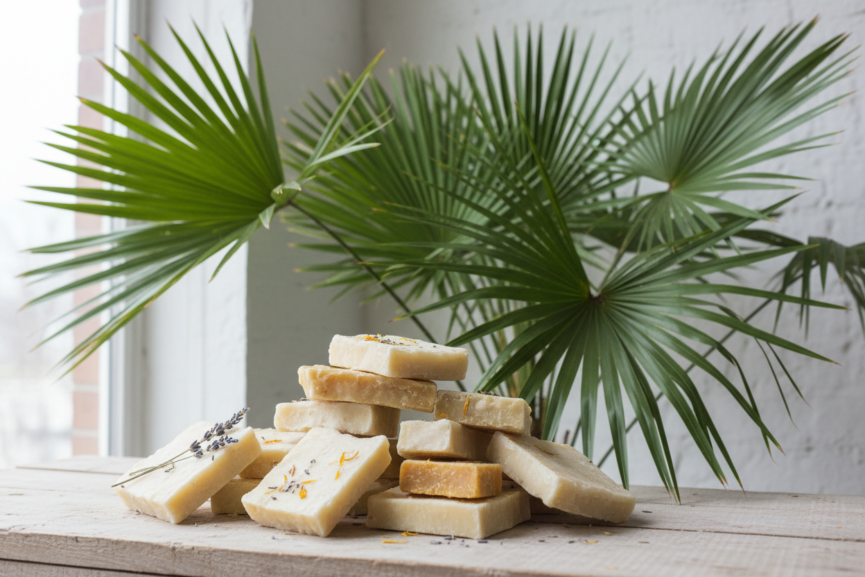 blocks of wax in a pile with a palm plant in the background