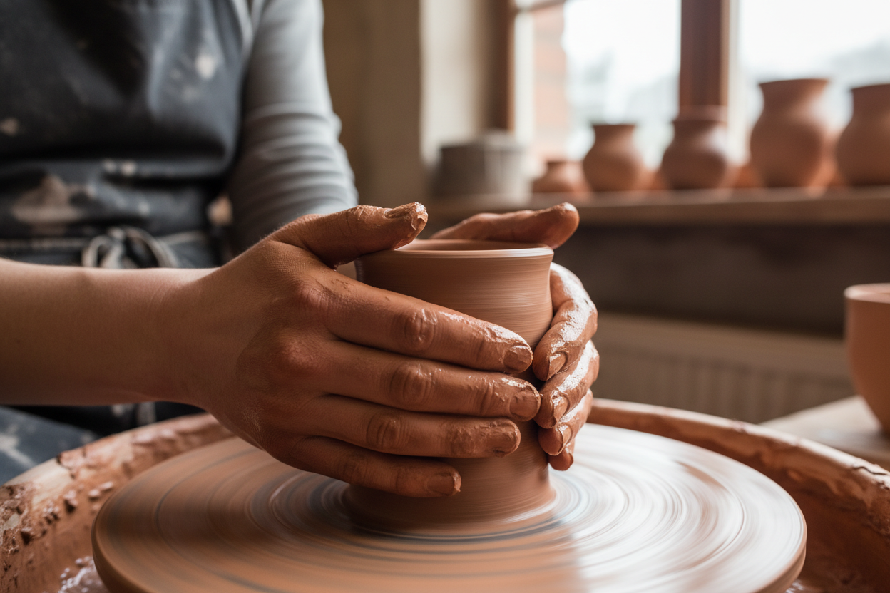 show two hands making a pot on a potters wheel 